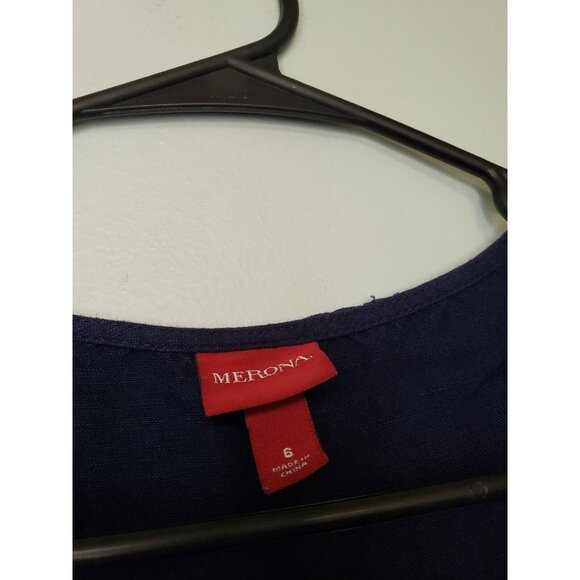 Merona Womens 6 Dress Short Sleeve Waist Tie Half Button Linen Rayon Blue V Neck - Picture 6 of 7